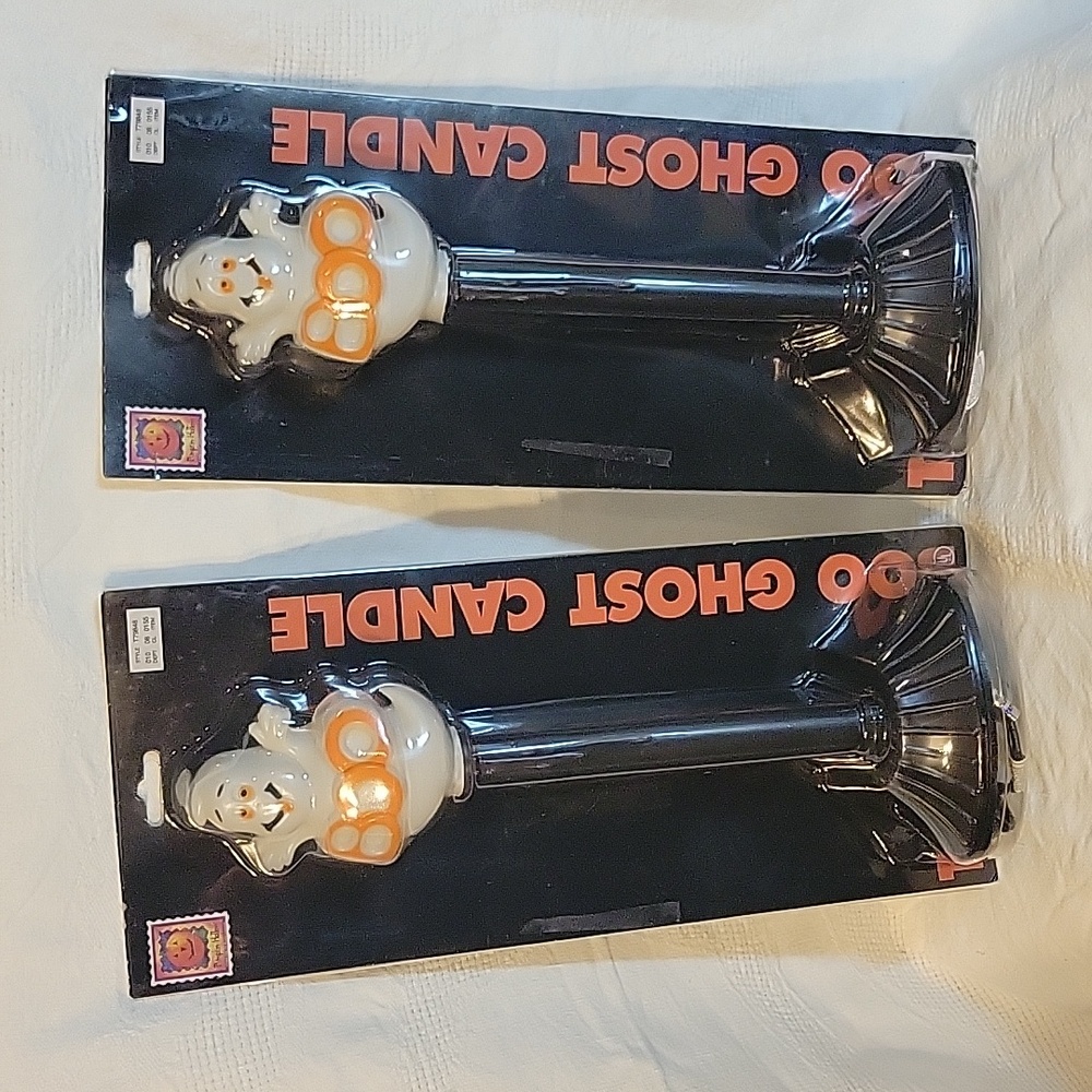 Halloween Boo Ghost Blow Mold Candlestick Indoor Light ~ LOT of 2 New Vtg